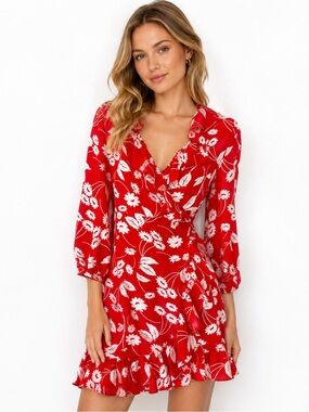 RIXO London Abigail 100% Silk Floral Wrap Dress Small Red Pink Mini
